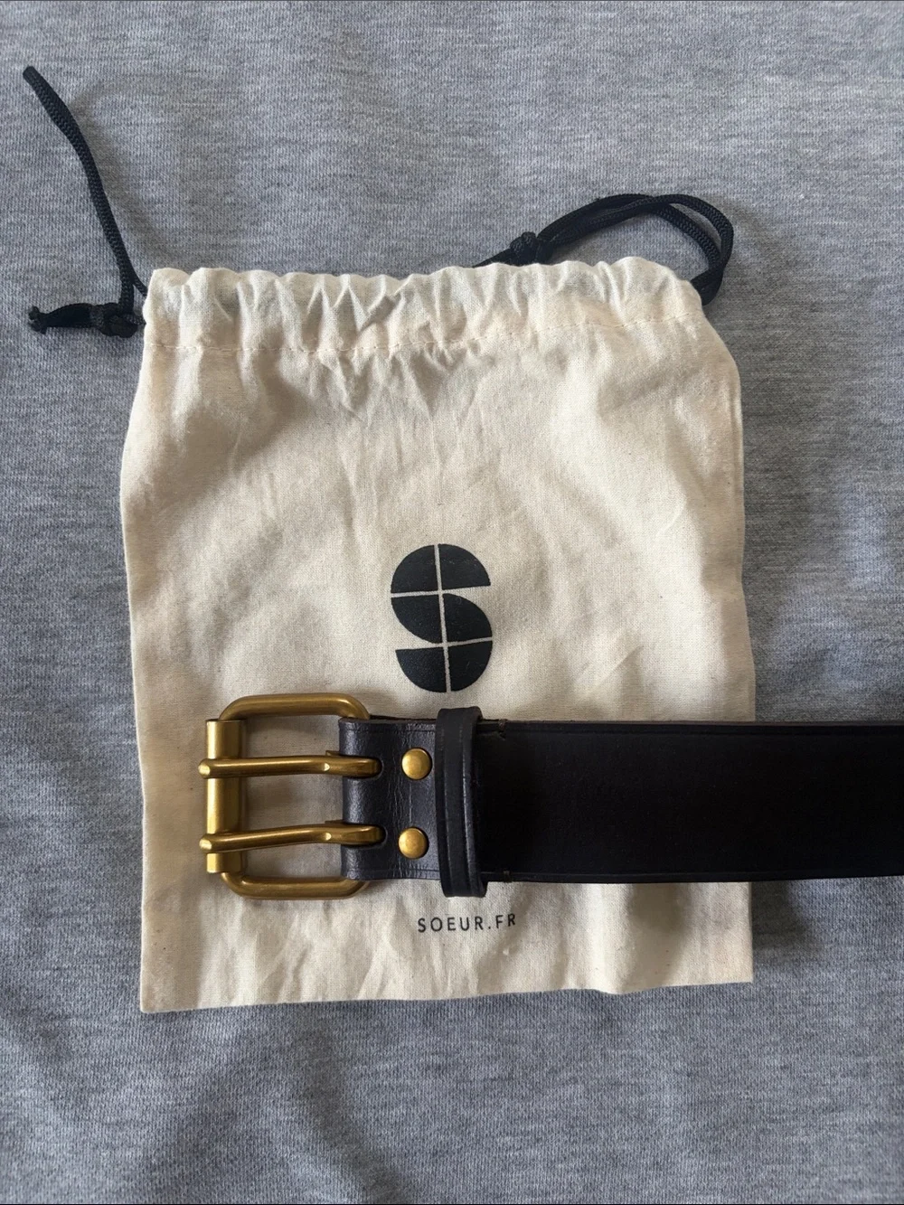 soeur Basalte Black Leather Belt with Gold-Tone Buckle